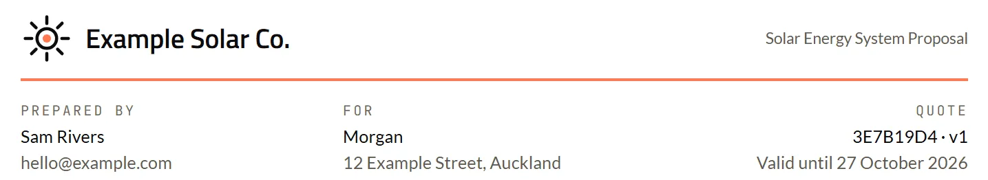 The top of the sample proposal, close up: Example Solar Co.'s sun mark and name, an orange rule, and the prepared-by, customer and quote details.