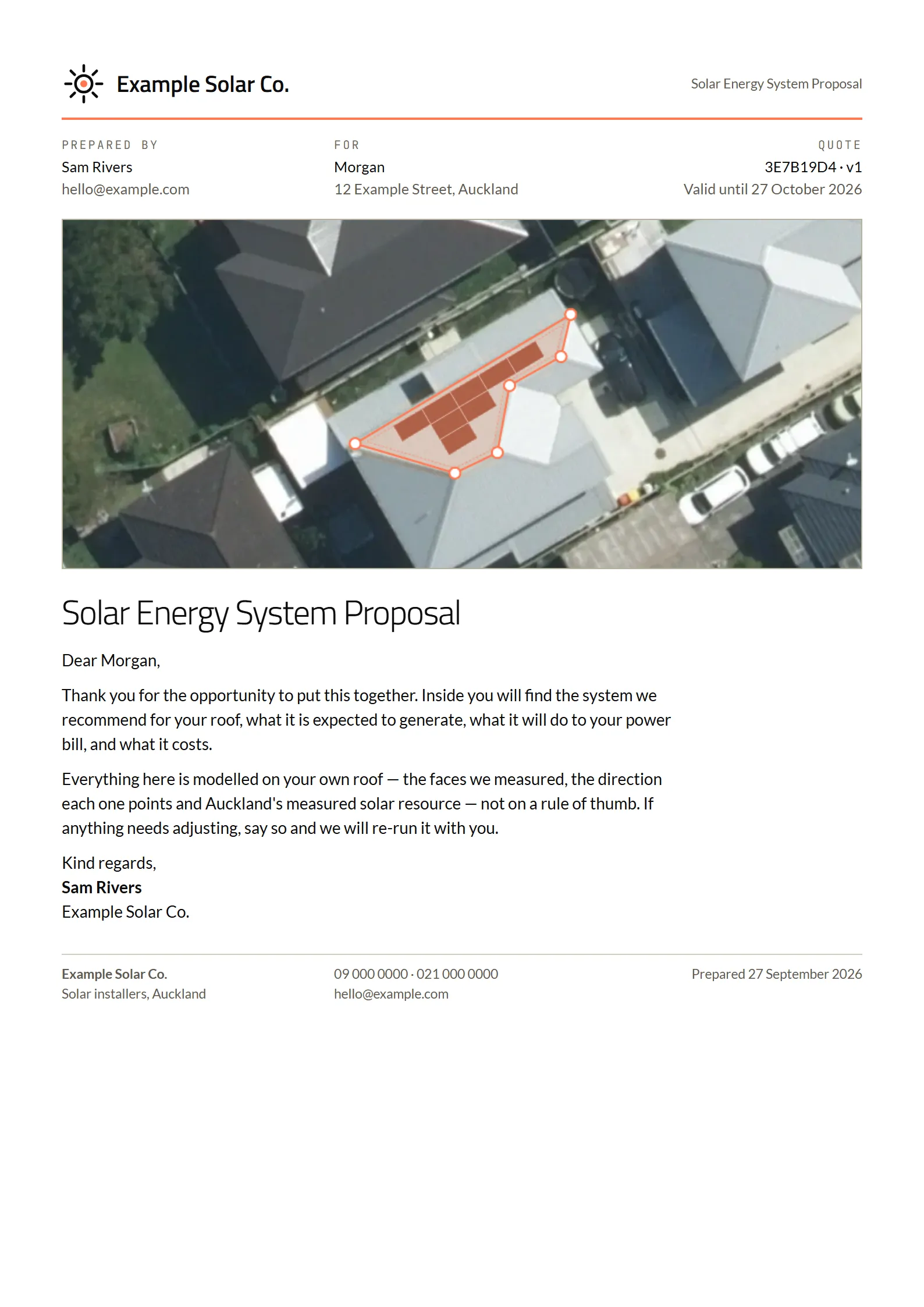 Proposal cover for a sample installer, Example Solar Co.: the roof aerial with the panels drawn on it, the customer and quote details, and a covering letter.